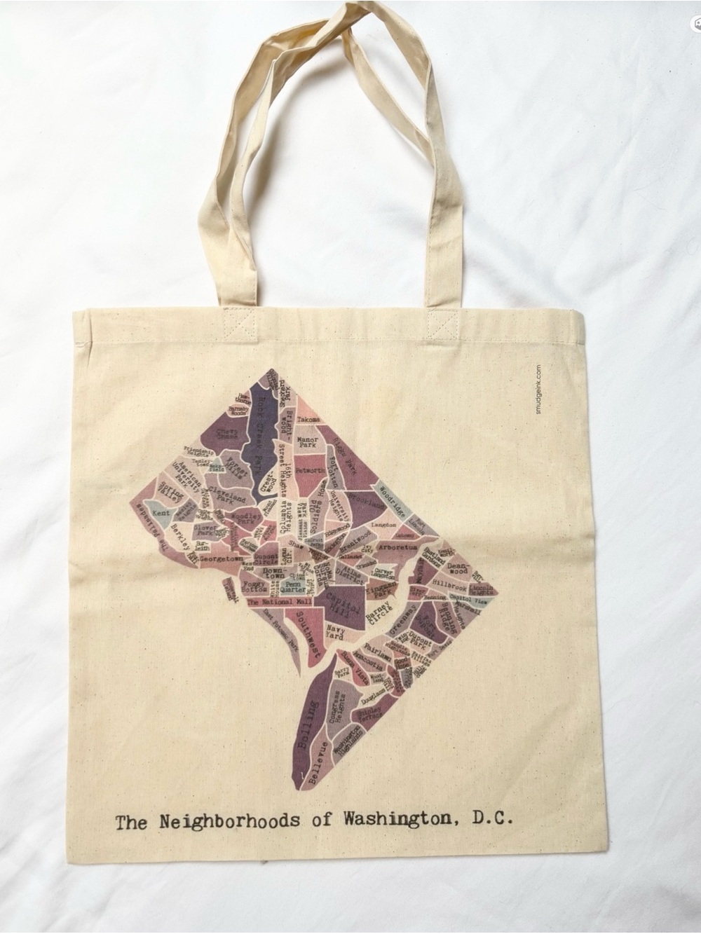 Washington DC Hand Crafted Natural Canvas Tote with Pink and Purple Map Print